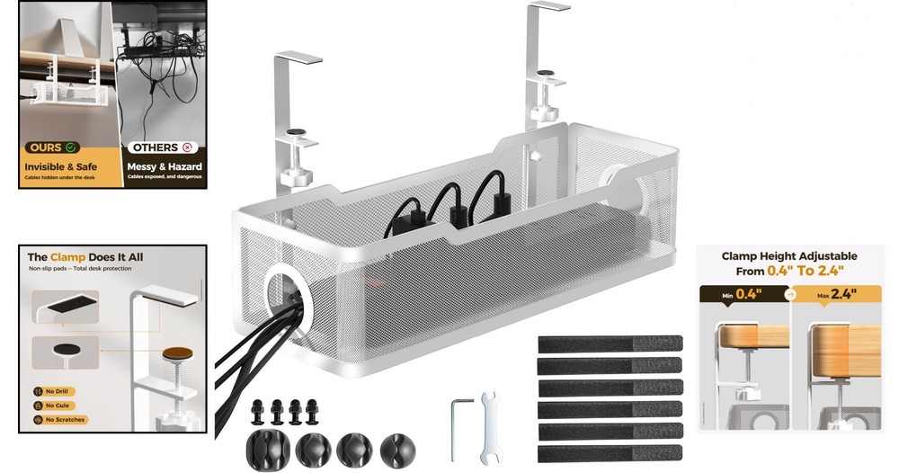 Versatile Under Desk Cable Organizer - Includes Clips & Ties, White Metal Design