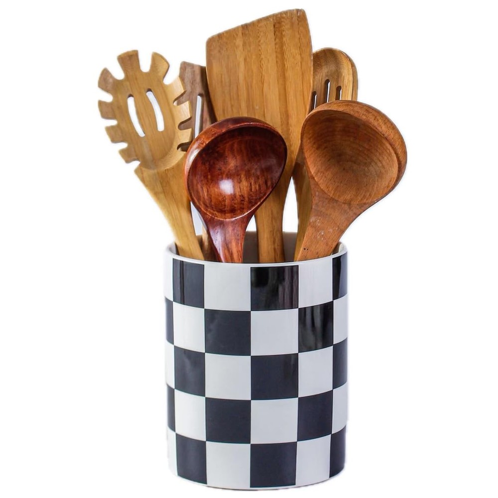 Kitchen Utensil Holder, 6.3 Inch Checkered Ceramic Cooking Utensil Holder Mod...