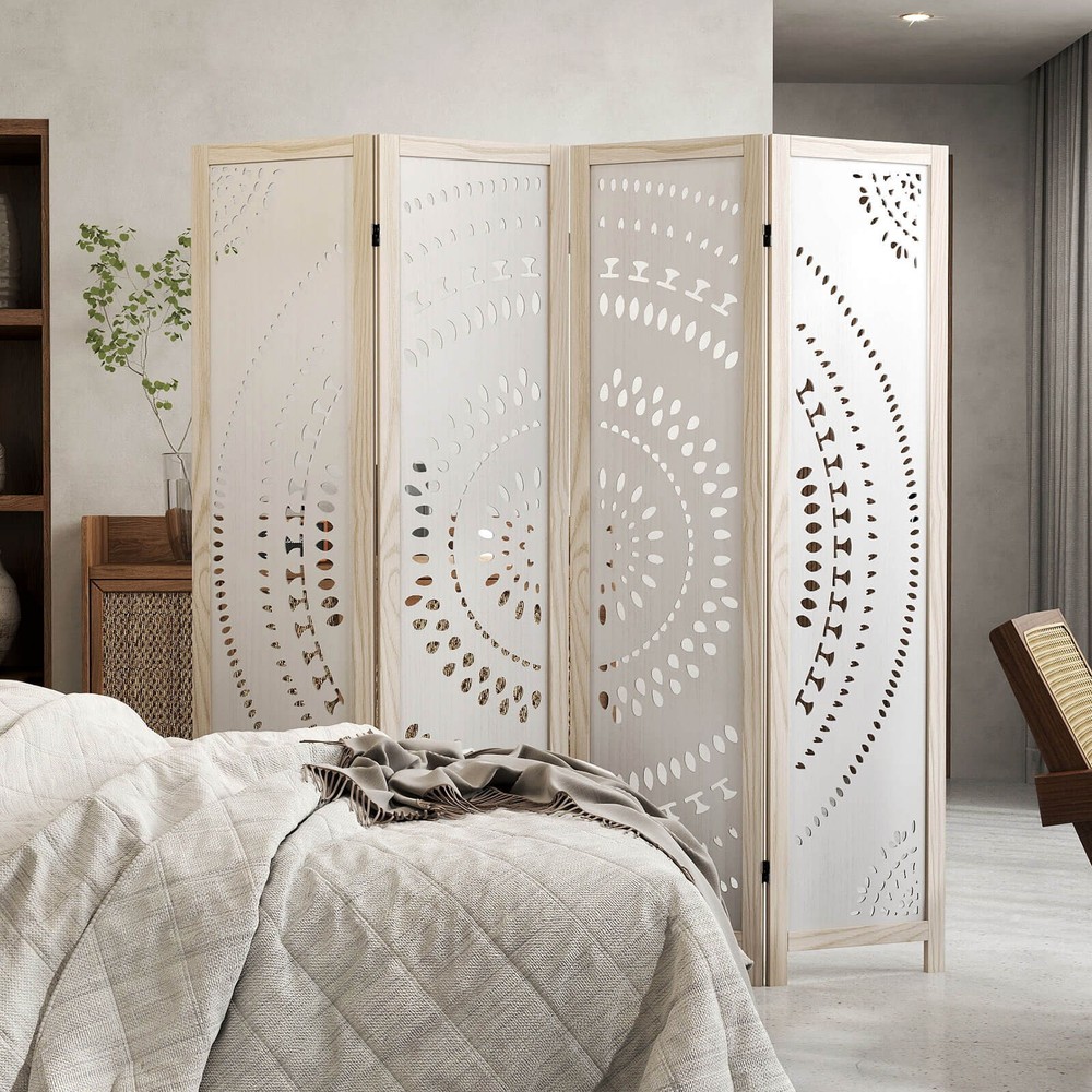66" Boho 4-Panel Room Divider with Carved Pattern & Solid Wood Frame 360° Hinges