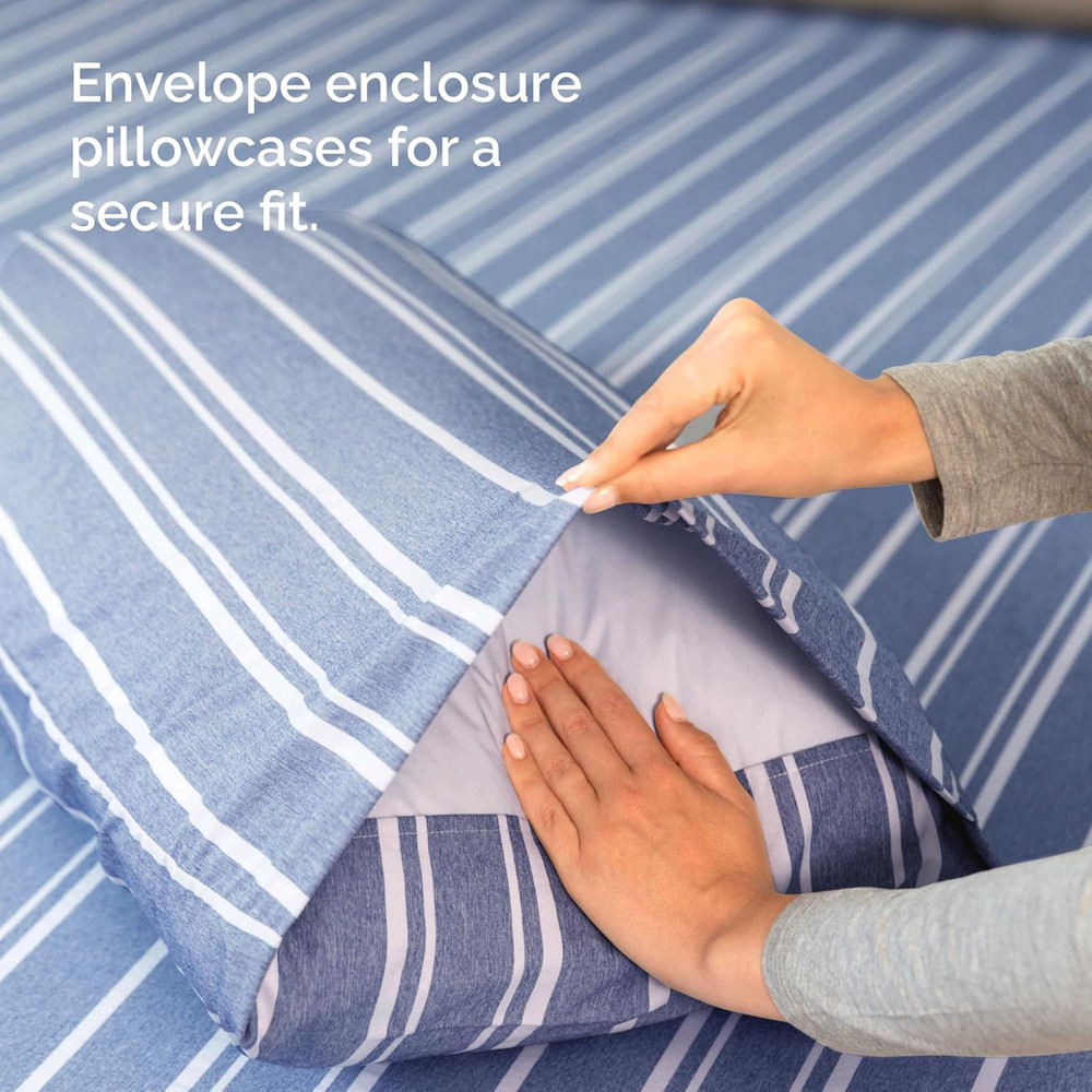 Queen 4-Piece Blue Stripes Sheet Set & 2" Memory Foam Topper