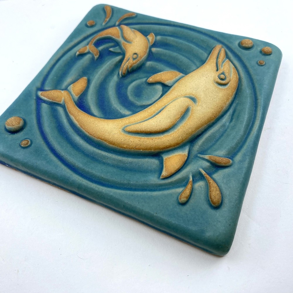 Dolphin Swim 6x6" Ceramic Art Tile By Gretchen Kramp