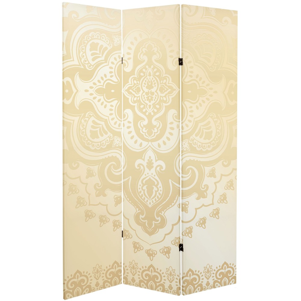 6 ft. Tall Double Sided Ivory Indian Pattern Canvas Room Divider