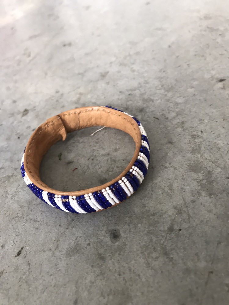 Handmade Blue White Beaded Leather Bangle Bracelet