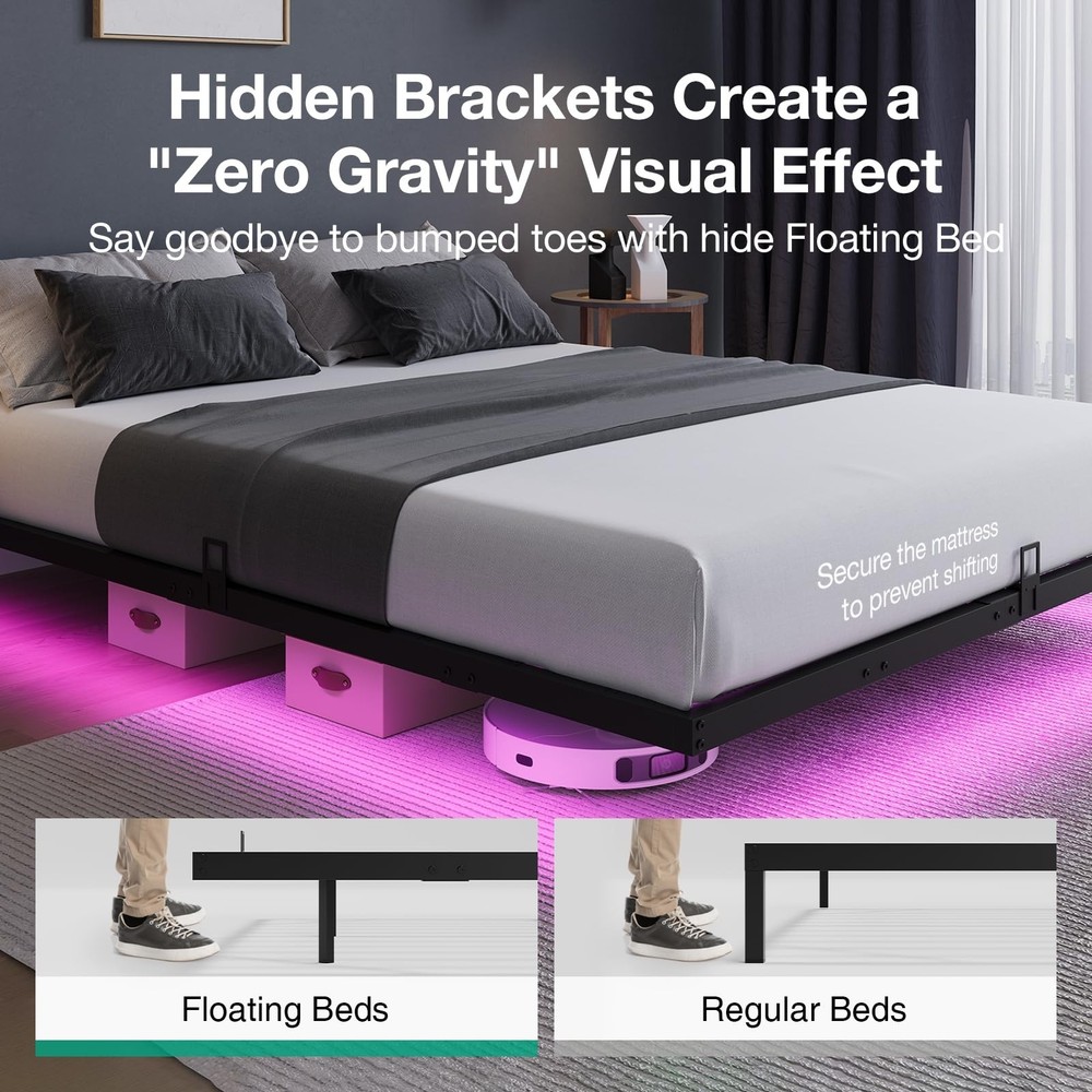 Novilla Floating Bed Frame with LED Lights, Modern Platform Queen Bed Frame w...