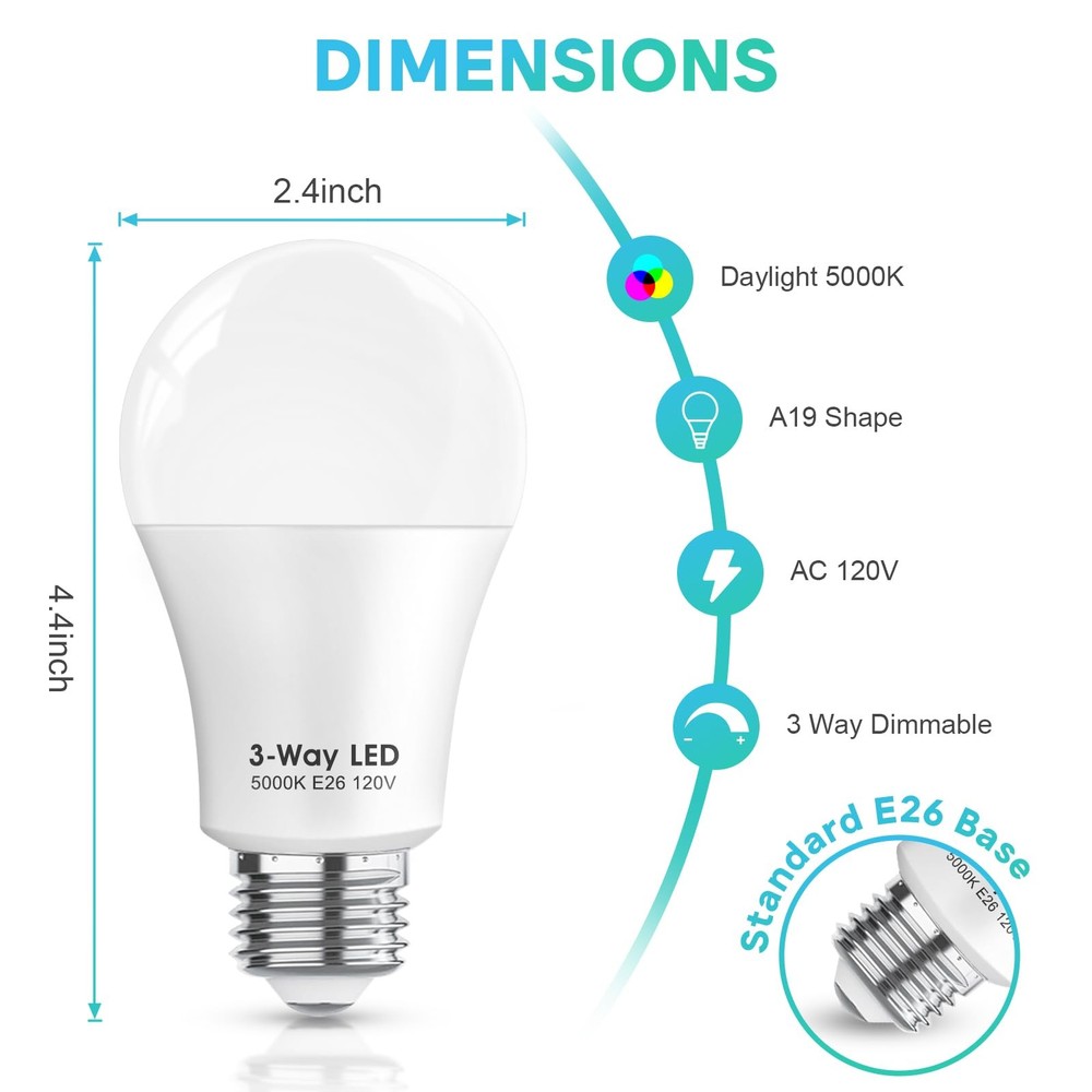3 Way LED Light Bulbs 50 100 150W Equivalent, Daylight 2 Pack,
