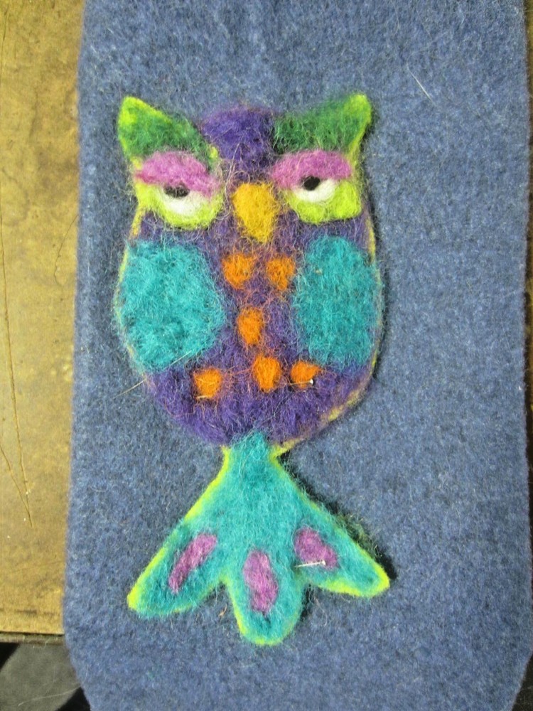 Felting Owl Pin on Felt