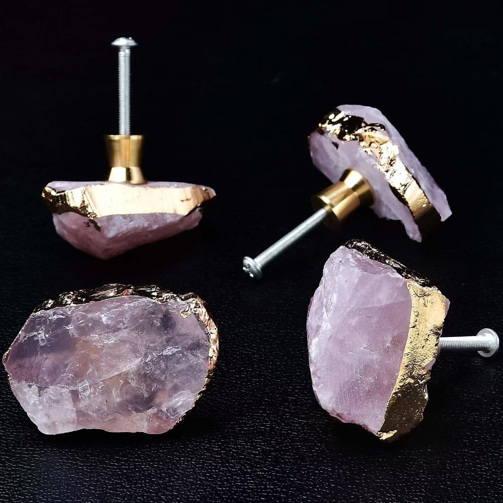 Rose Quartz Drawer Cabinet Knobs Pink Crystal Stone Knobs Handles Gold Plated...