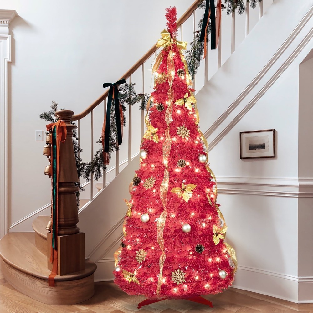 6ft Red Prelit Pop up Christmas Tree Artificial Halloween Party Decor &150 Light