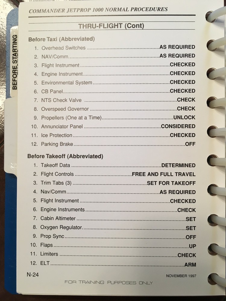 Commander Jetprop 1000 Normal Procedures Pilot Checklist aka 695A & 695B