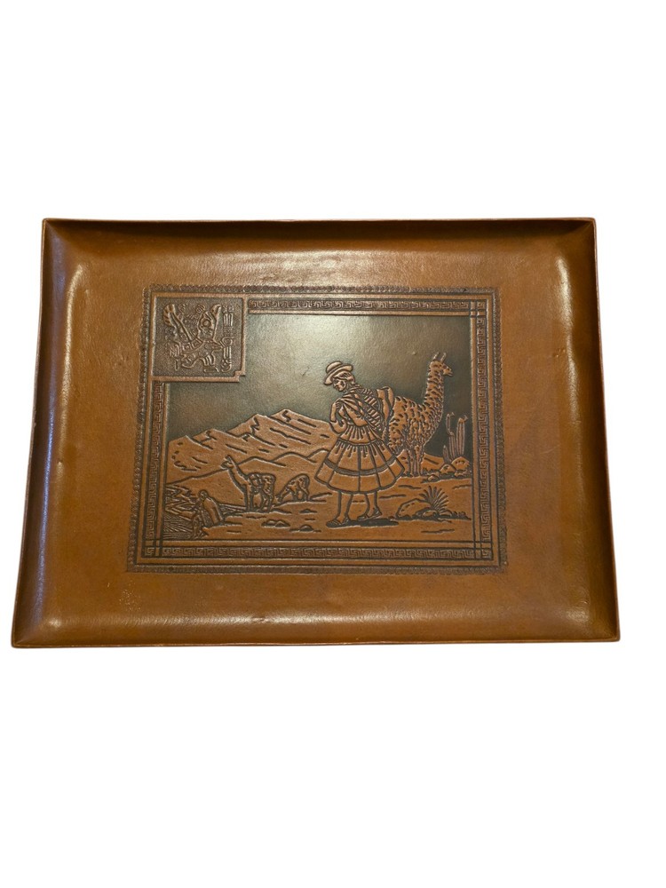 Vintage Handmade Mayan/Peruvian Tooled Leather Tray Embossed