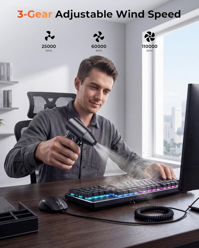 Portable Rechargeable Air Duster with 3 Adjustable Speeds for Electronics & Home