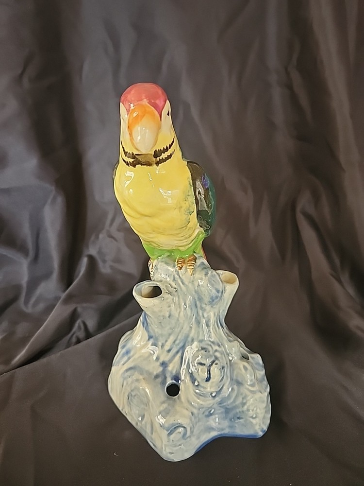 Ceramic Parrot, Flower Frog on a tree stump