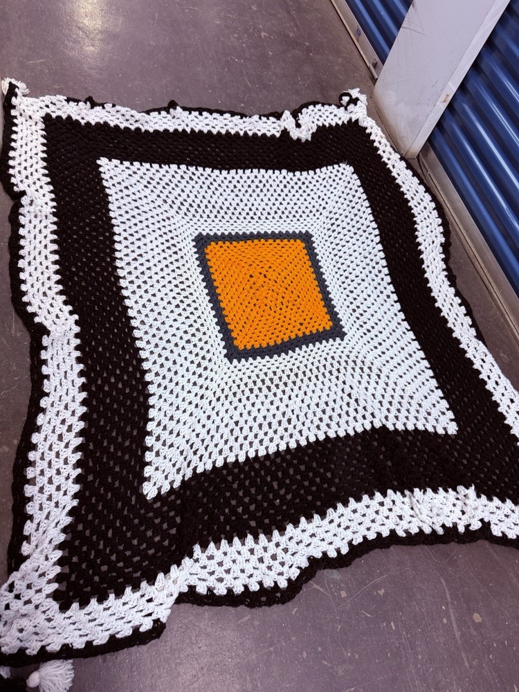 Large Handmade Crochet Granny Square Blanket Black White Orange Throw