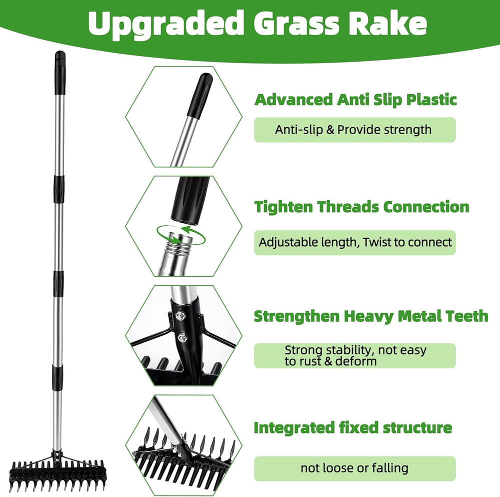Thatch Rake for Lawns 36-63'' Stainless Steel Adjustable Handle for Dethatching
