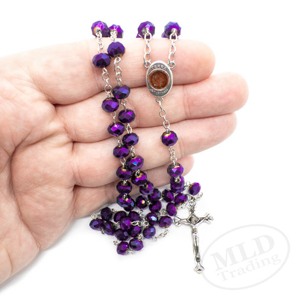 Deep Purple Crystal Beads Rosary Necklace Catholic Holy Center & Cross Crucifix