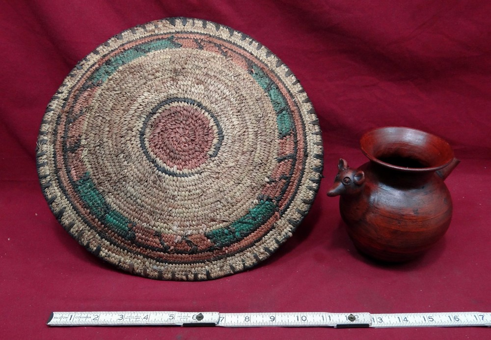 Hand Made Pottery Pitcher and Handwoven Basket