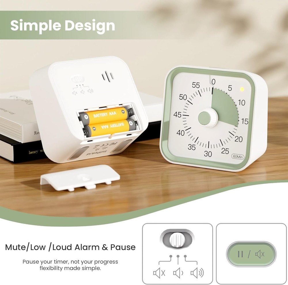 Kids Visual Timer - Multi-Purpose 60-Minute Countdown with Pause Button in White