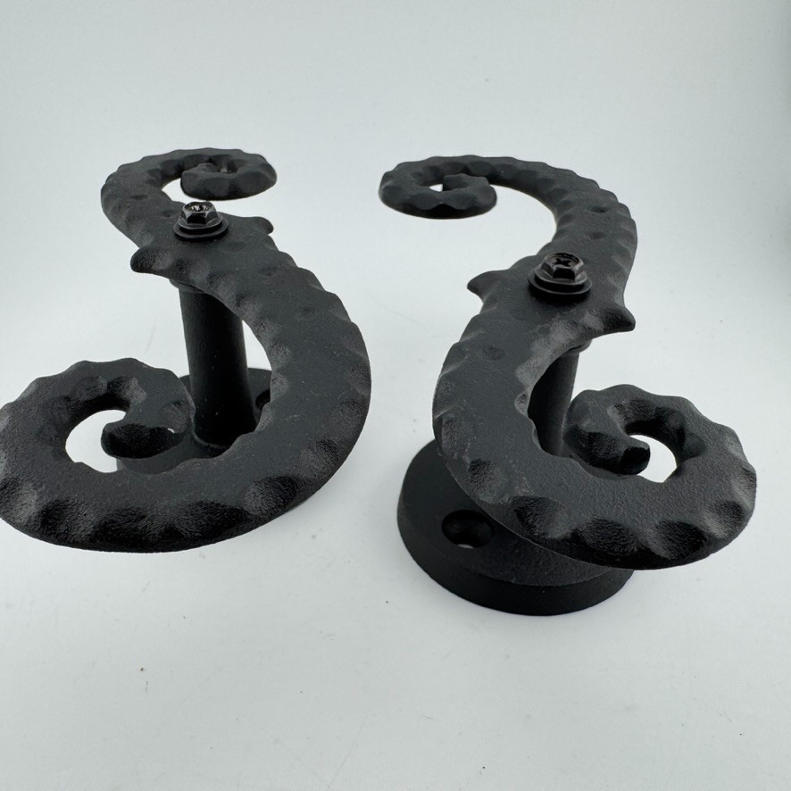 1 Pair - Black Galvanized Iron Scroll Post Mount Shutter Dogs w/ Hammered Edge