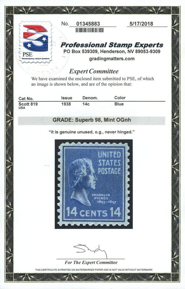 US # 819 14¢ Pierce, "Superb 98" NH MNH, PSE graded (2018)