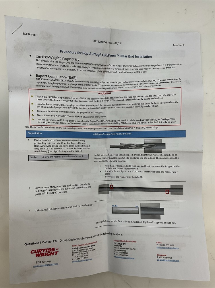 Curtiss Wright EST Group Pop-a-plug V-919-E Tube Plug 304L Stainless NIB