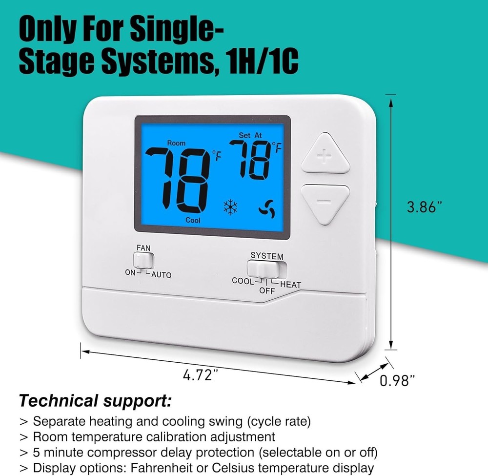 Single Stage Home Thermostat - Heating/Cooling Control