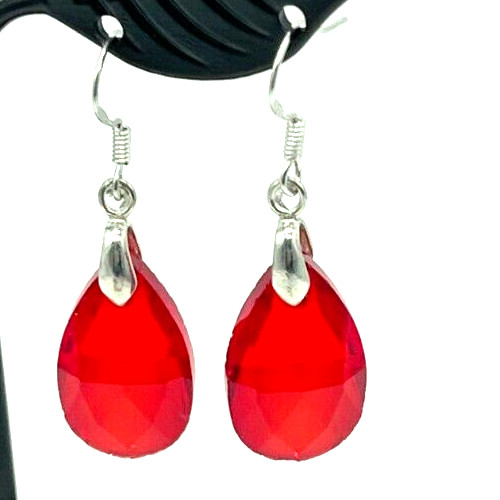 Earrings. Silver tone Large Red Crystals. Hook. 1" drop