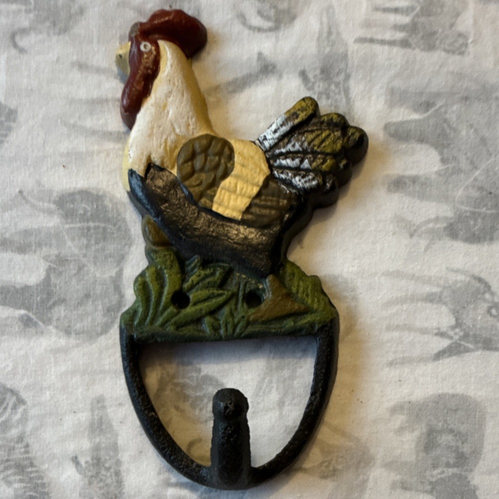 Cast Iron Rooster Wall Hook Decorative Painted Metalware