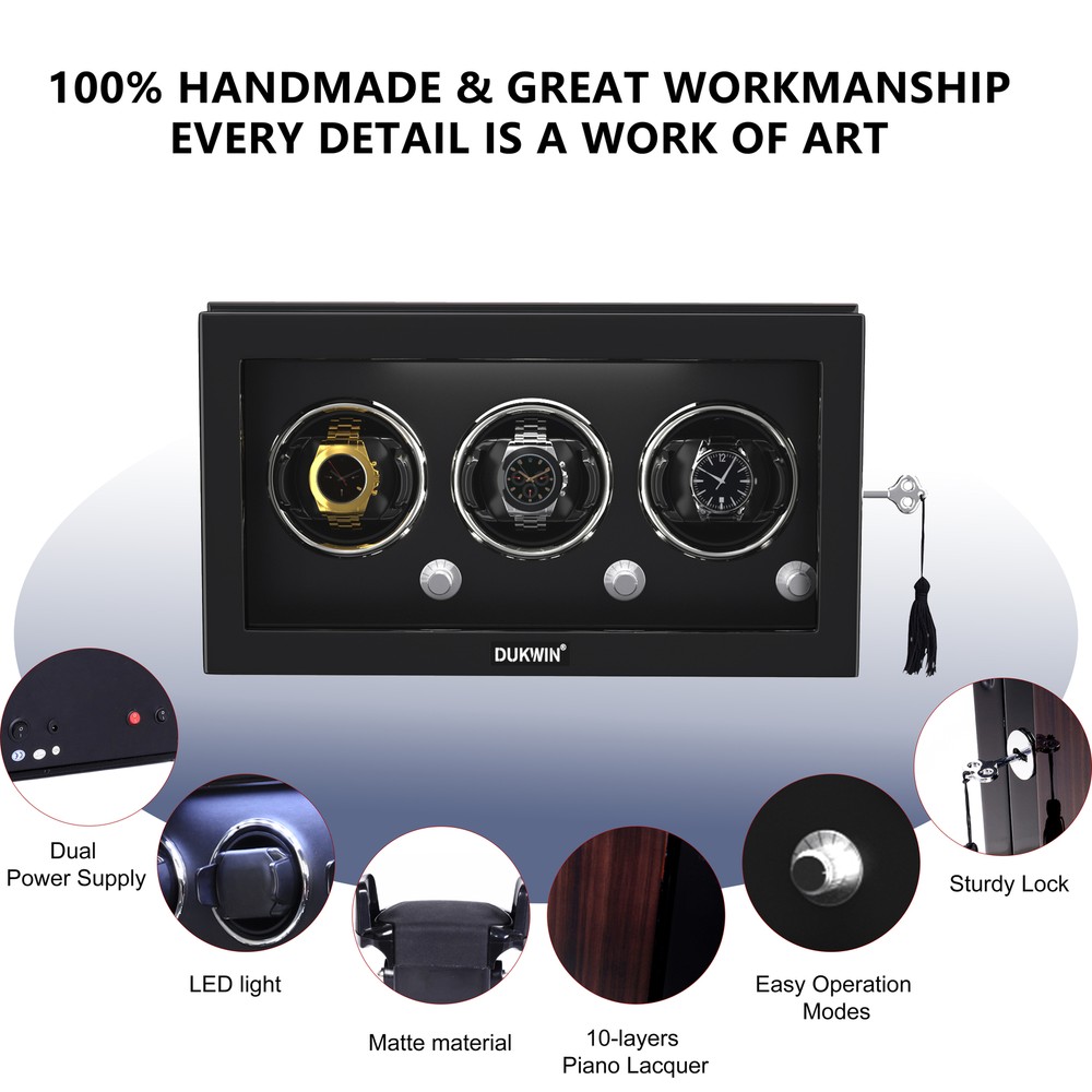 Automatic Rotation 3 Watch Winder Box LED Display Case Box with Lock 4 Modes New
