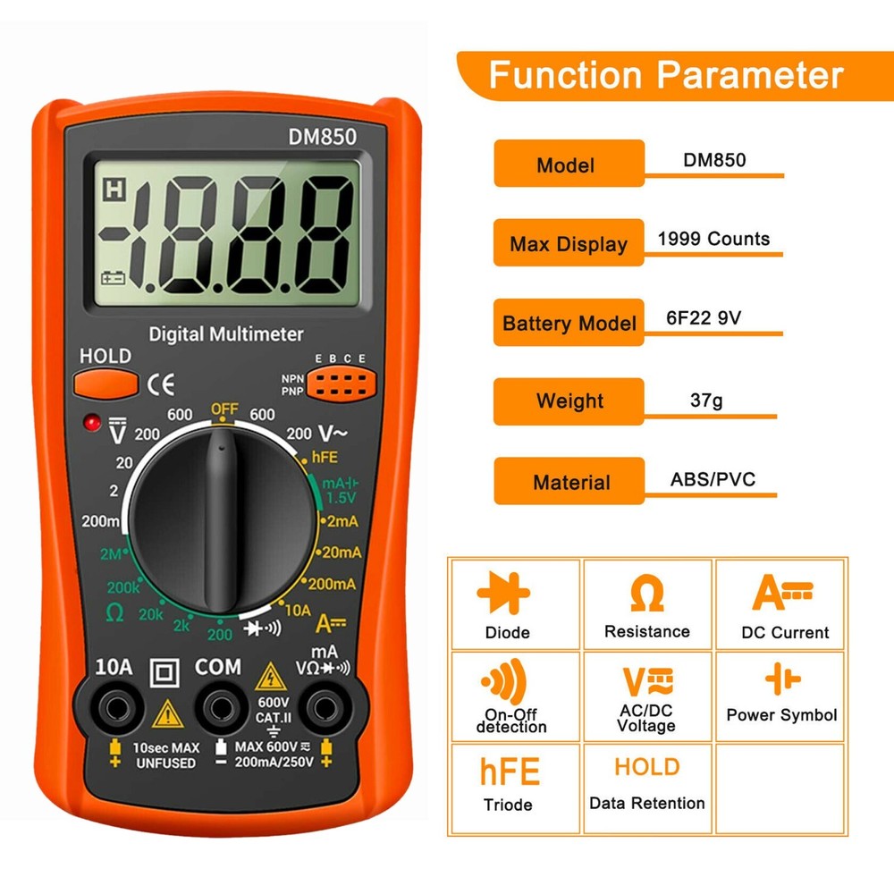 LCD Digital Multimeter AC DC Voltmeter Ammeter Ohmmeter Volt Tester Meter Leads