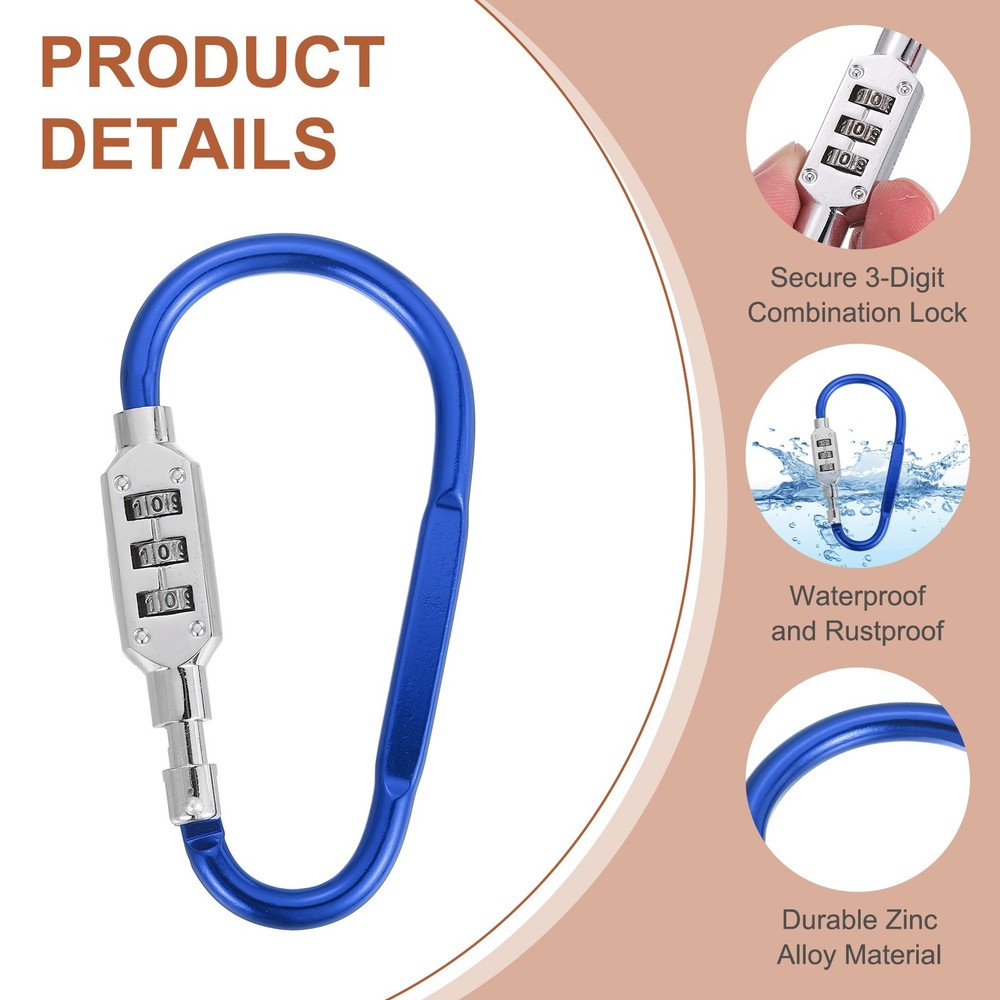4.8" x 2.4" D-Shaped 3-Digit Code Combination Lock D-Ring Clip Locking, Blue