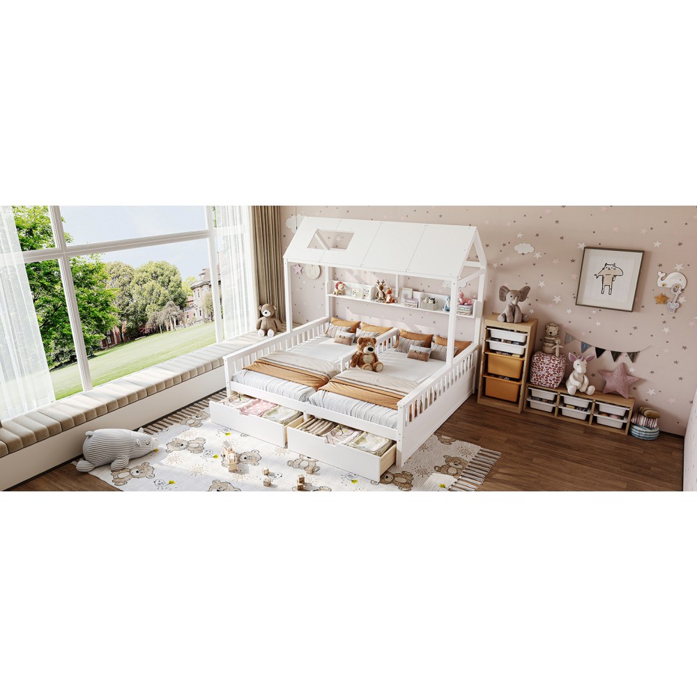 White Double Twin Platform Bed w/ Storage Shelves & Drawers