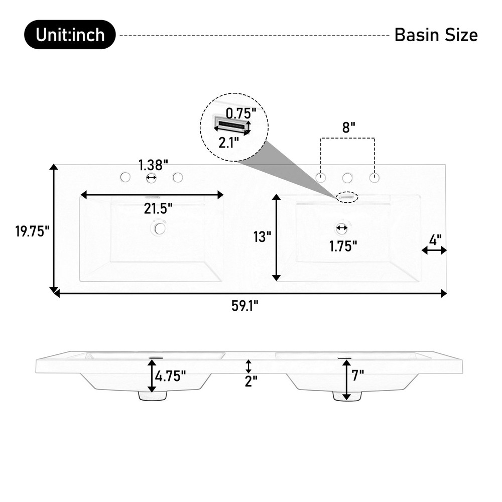 60" Resin Basin for Bathroom Vanity, with Undermount Rectangular Double Sinks, 8