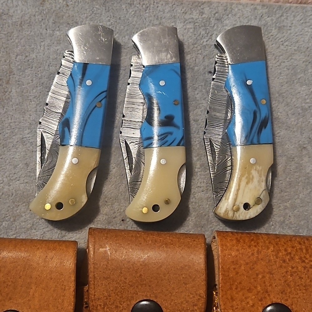 3 Damascus Folding Pocketknives Blue Bone Handle
