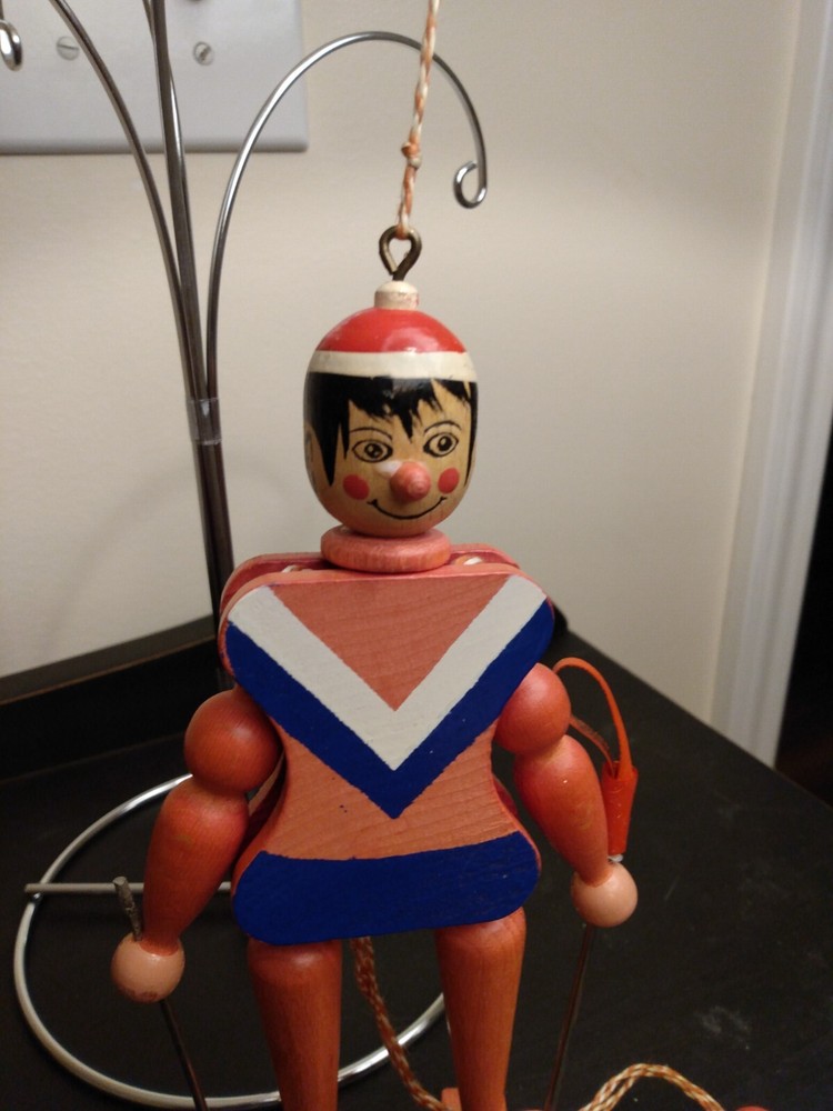 Vtg Made In Austria Wood Pull String Movable Skier Ornament