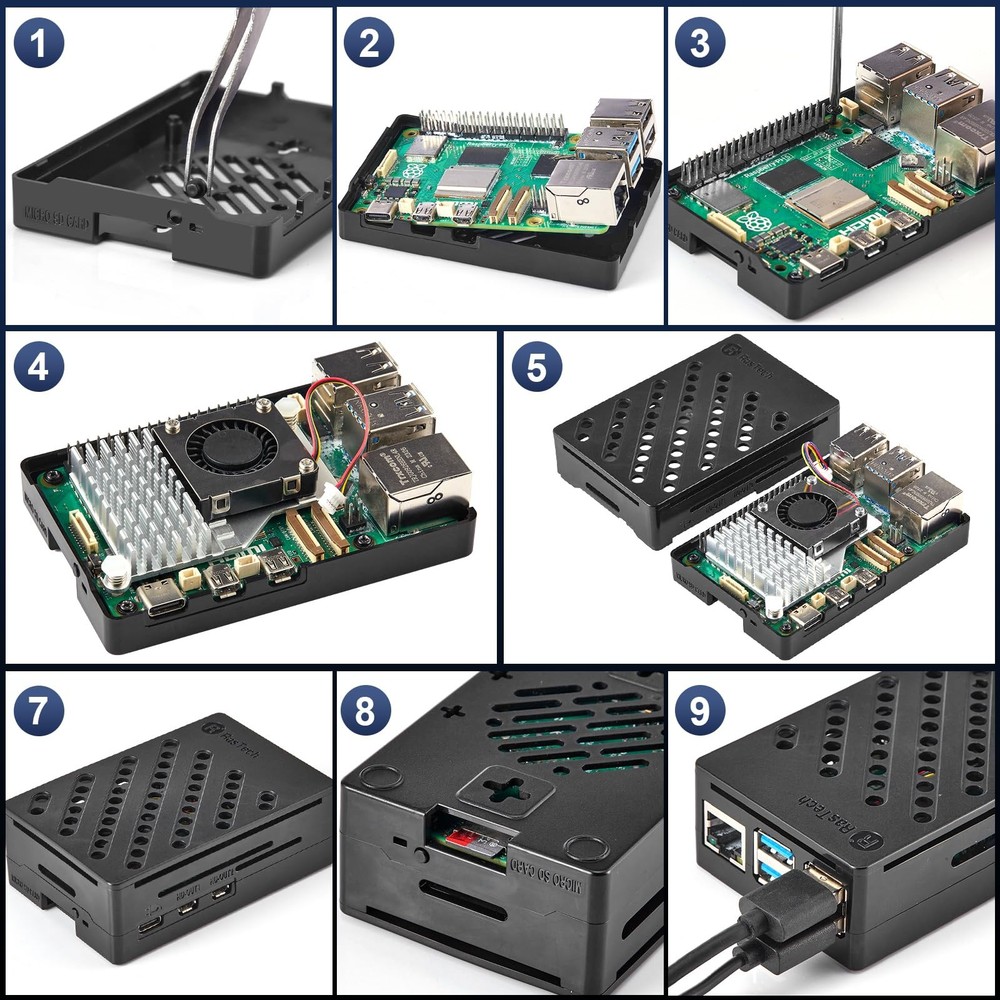 RasTech Accessories Kit with Case Active Cooler for Raspberry Pi 5 Board Fan