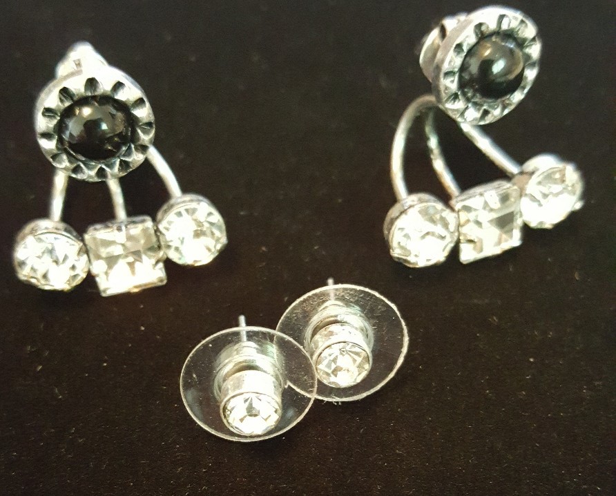 3 Three pair Stud earring set Crystal feather Black pierced ears