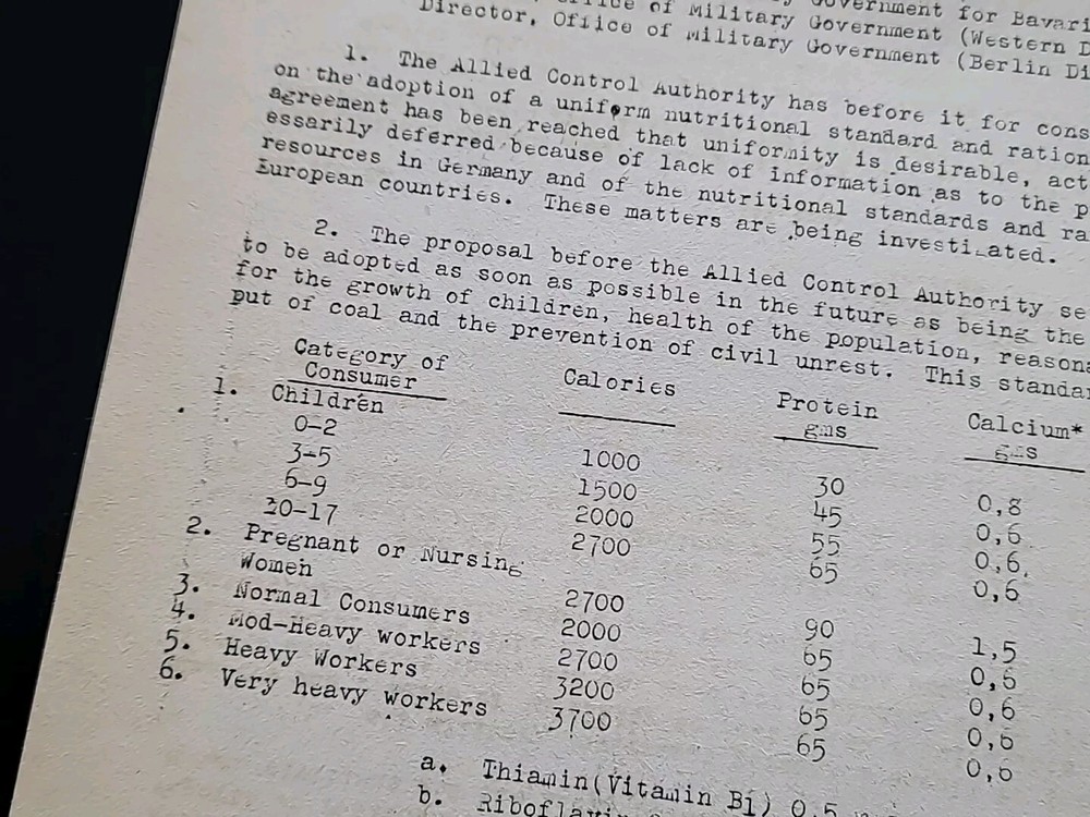 1945 Germany WWII US Army War Military Document Minimum Nutrition Requirements