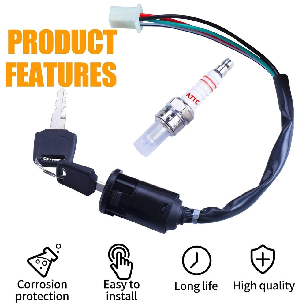Ignition Key Switch 2pcs 4-Wire 4-pin and A7TC Spark Plug Replacement for Tao...