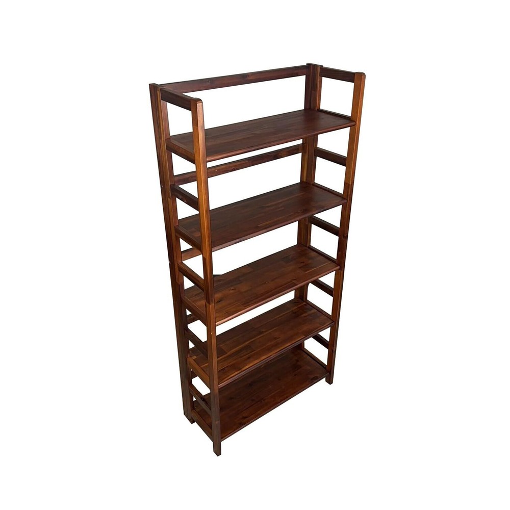Solid Acacia 5 Tier Folding Bookcase Brown Mid-Century Modern Contemporary
