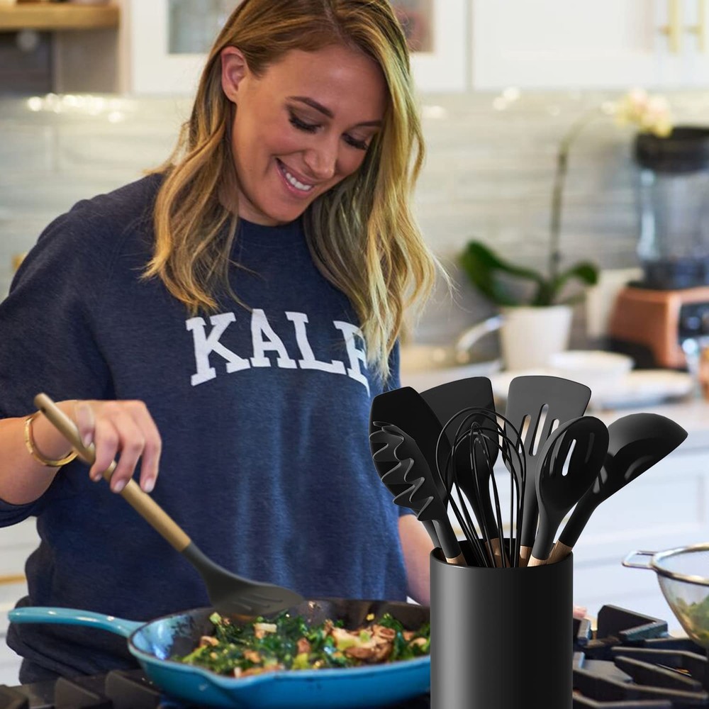 Matte Black Utensil Holder for Kitchen Counter, Ceramic Kitchen Utensils Hold...