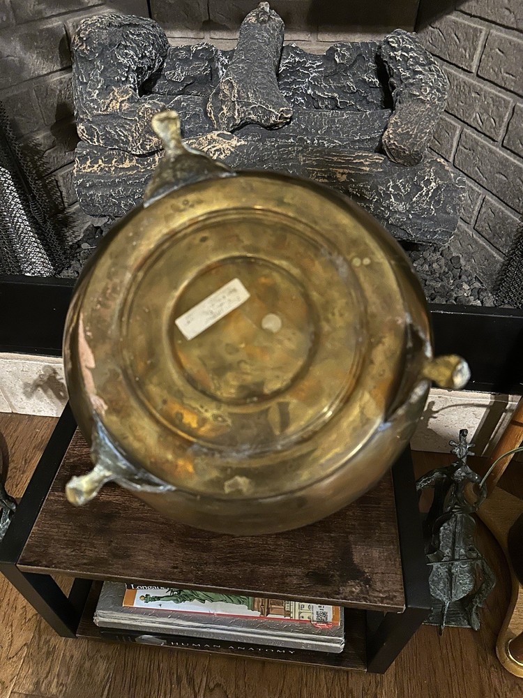 Antique Brass & Copper Moroccan Footed cauldron With Handle