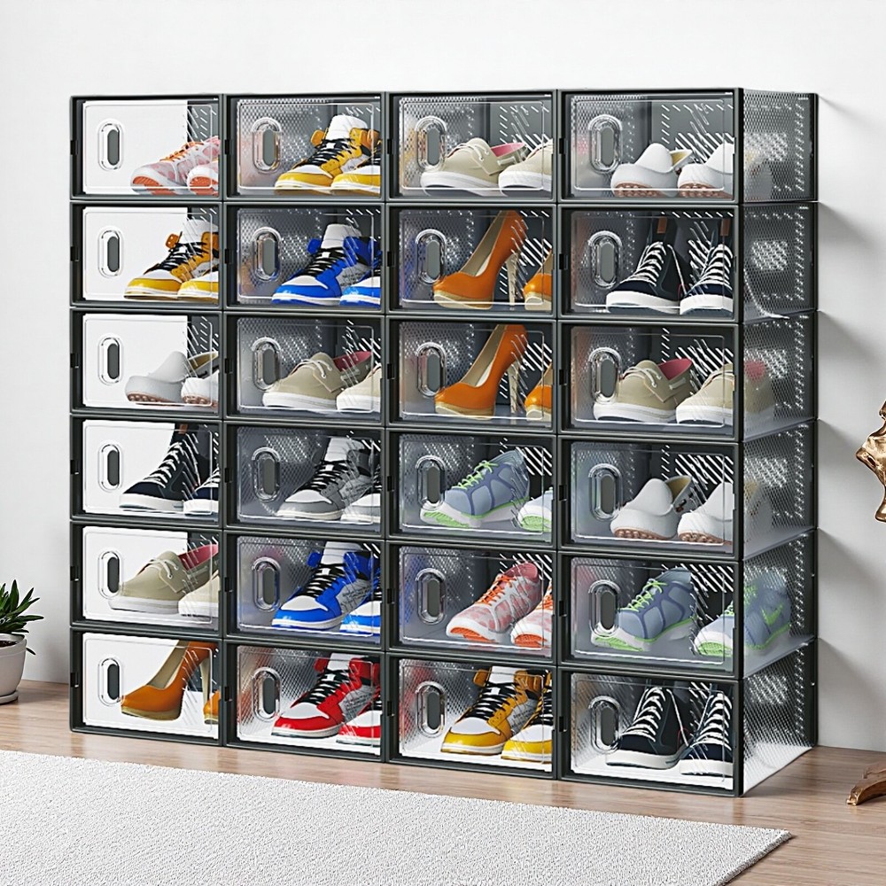 24-Pack Shoe Storage Boxes - Stackable, Door, Plastic Mesh, Black & Small Size