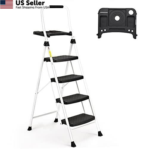 SocTone 4 Step Ladder, Folding Stool 4-Step with Tool Platform, White