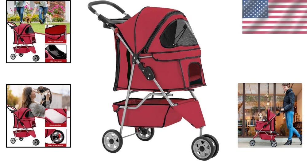 Portable Folding Pet Stroller with Cup Holders - For Medium & Small Dogs & Cats