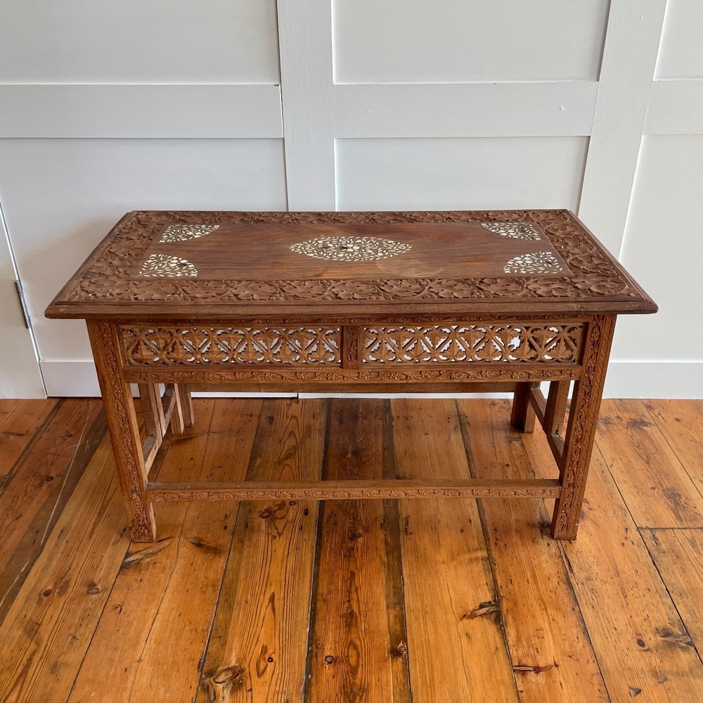 Indian Carved Folding Table Rectangular Coffee Table Inlaid Floral Pattern