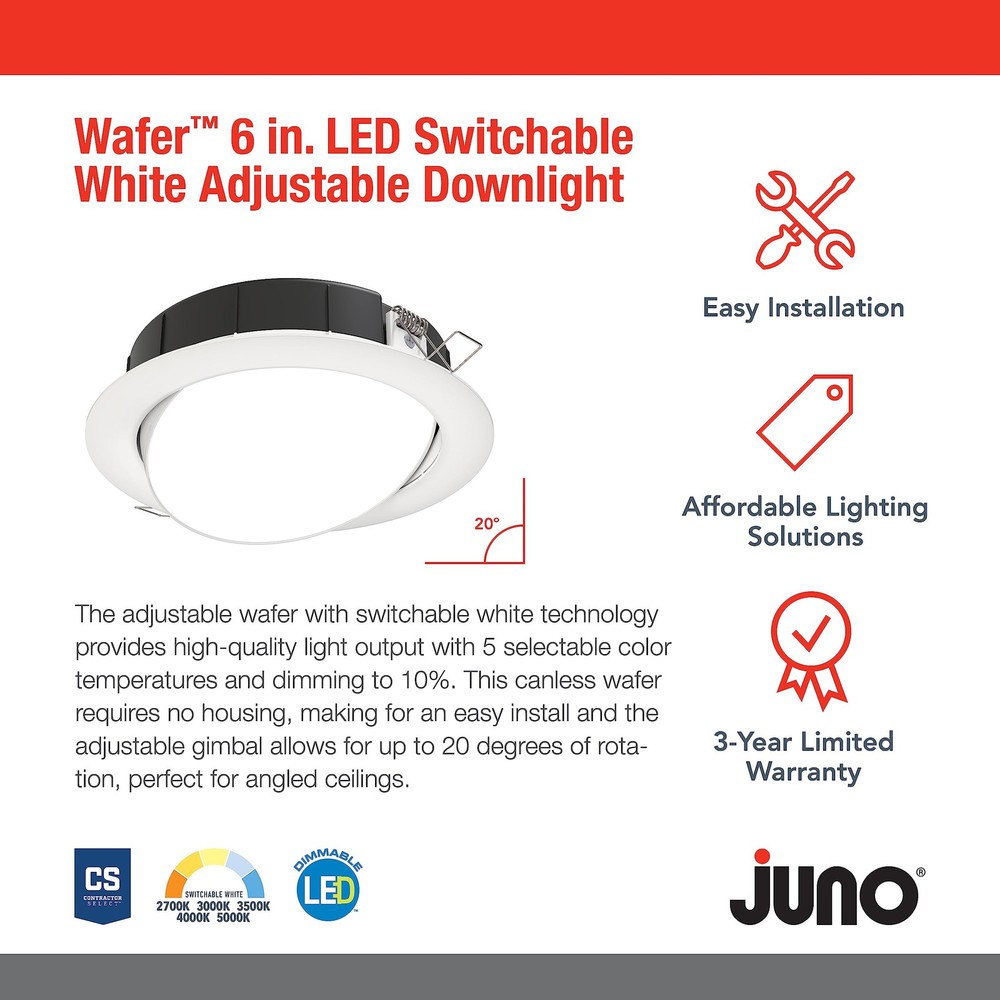 Juno LED Shower Light, Adjustable 6 Inch Wafer Downlight, Switchable Color Tempe