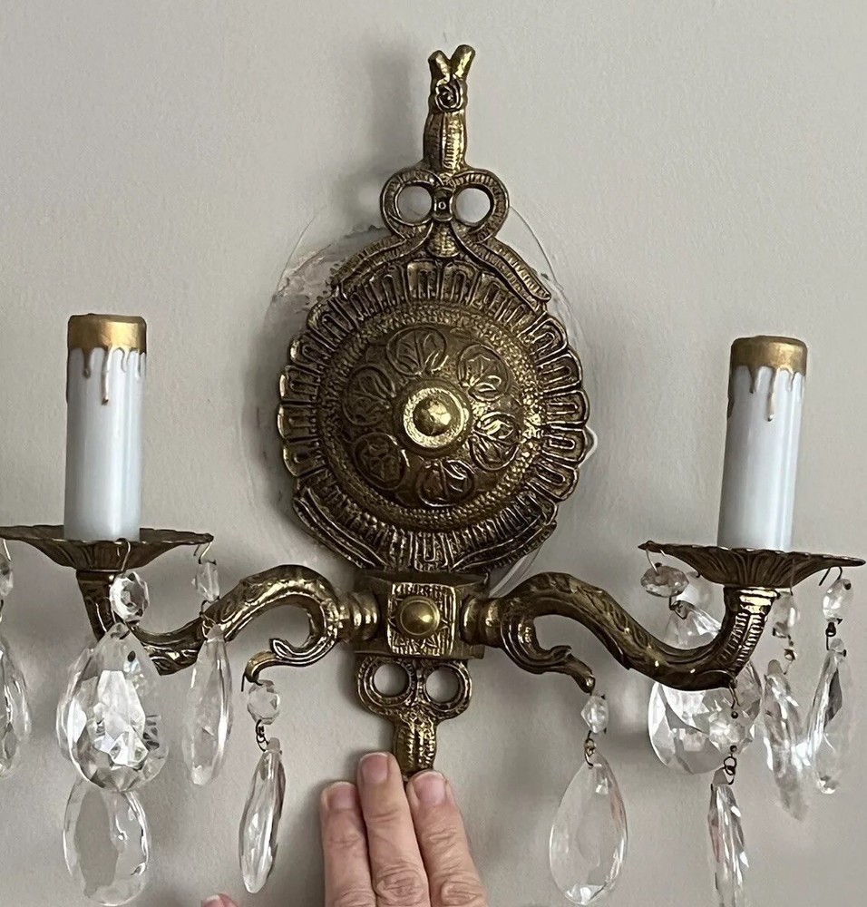 Vintage Hollywood Regency Crystal Electrical Lighting Sconces Pair