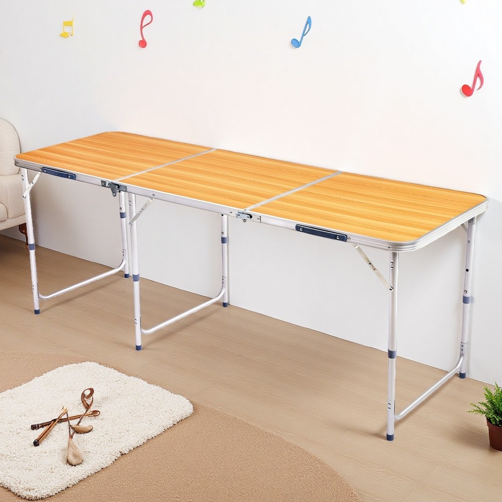 Folding Camping Table 6ft - Adjustable Height, Aluminum & Wood Grain Patio Table