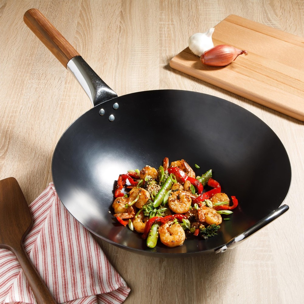 Kitchen Essentials Quick Fire 13.5" Carbon Steel Flat Bottom Wok – Durable No...