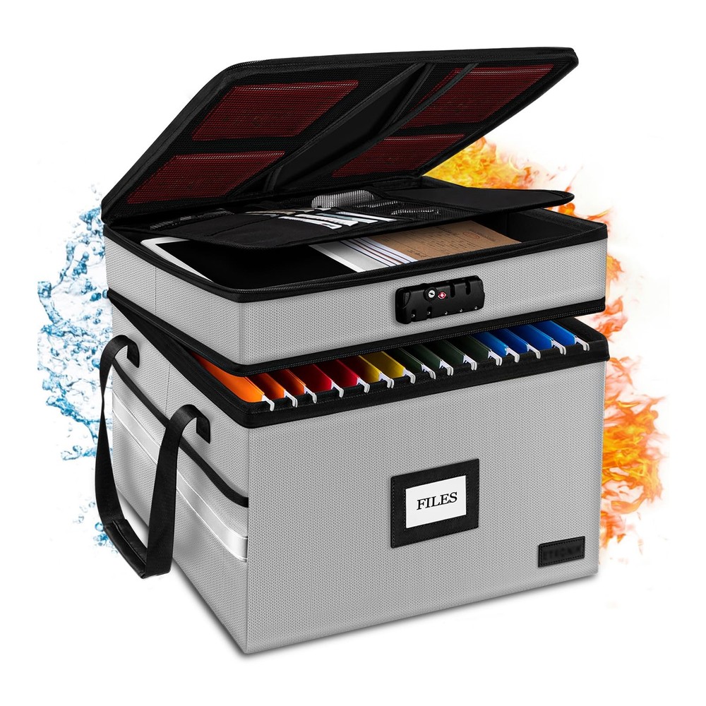 Fireproof Document Box with Lock, 2-Layer File Box Storage Organizer with 5 T...